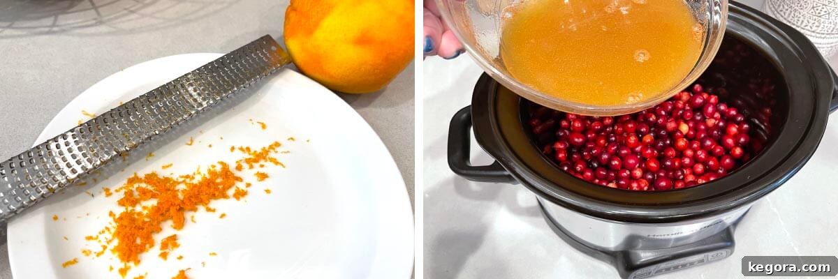 Set It and Forget It Cranberry Sauce 6 Grated orange peel on a white plate, and the sugar-orange juice mixture being poured over cranberries in a crock pot