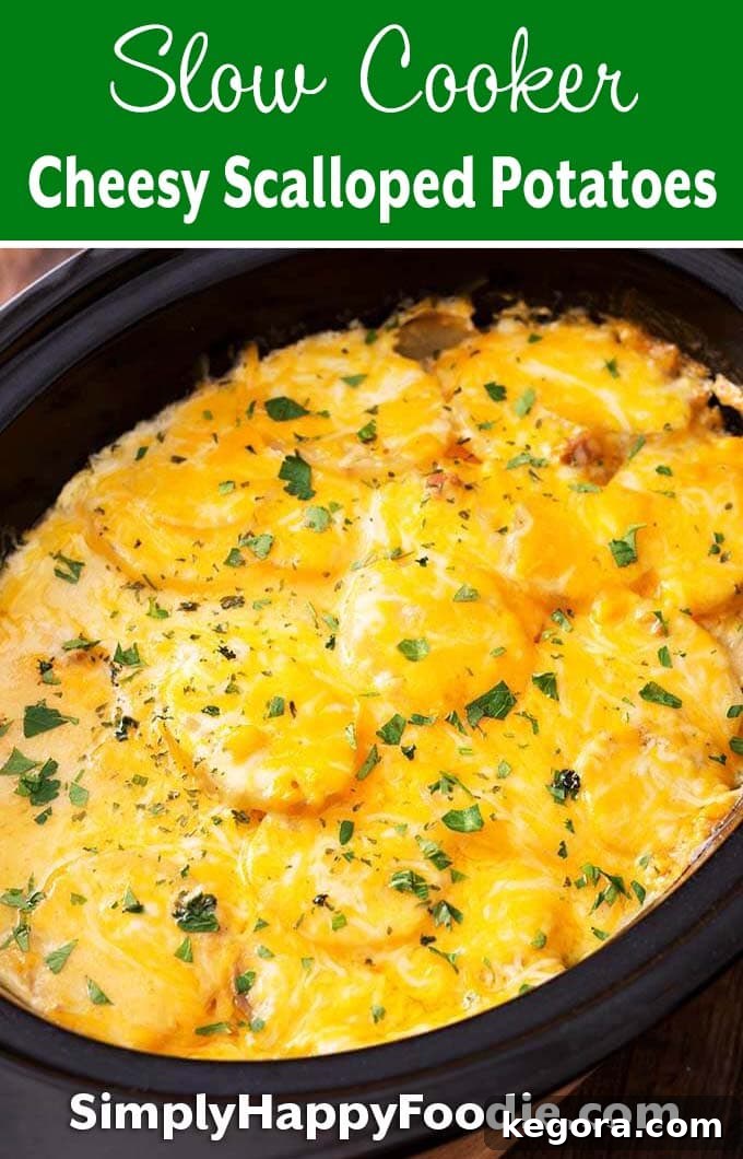 Visually appealing image for Pinterest featuring Slow Cooker Cheesy Scalloped Potatoes with recipe title and Simply Happy Foodie.com logo.