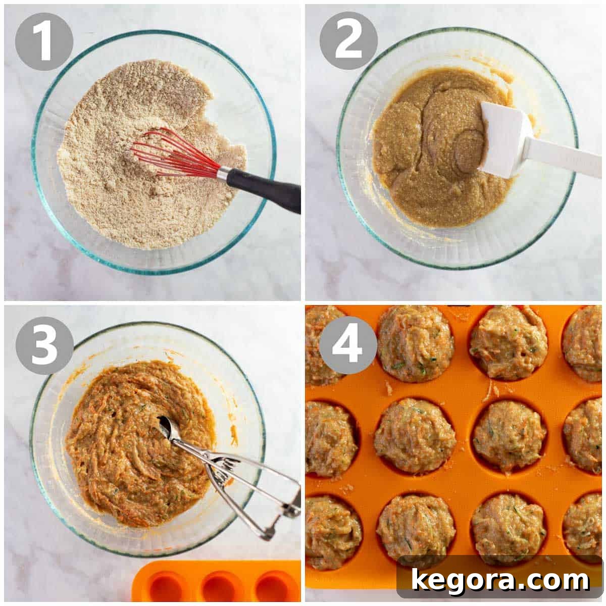 How to Make Toddler Muffins 4 step-by-step photos show how to make the batter for a muffin recipe