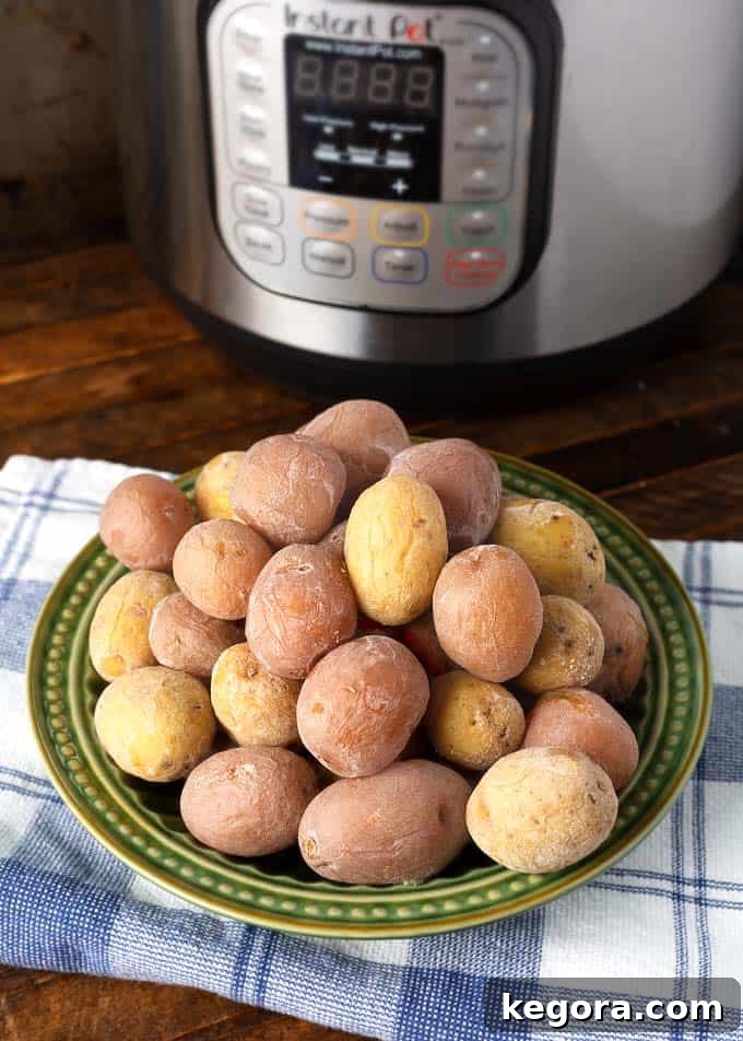 Effortless Instant Pot Syracuse Salt Potatoes 2 Syracuse Salt Potatoes on a green plate in front of a pressure cooker