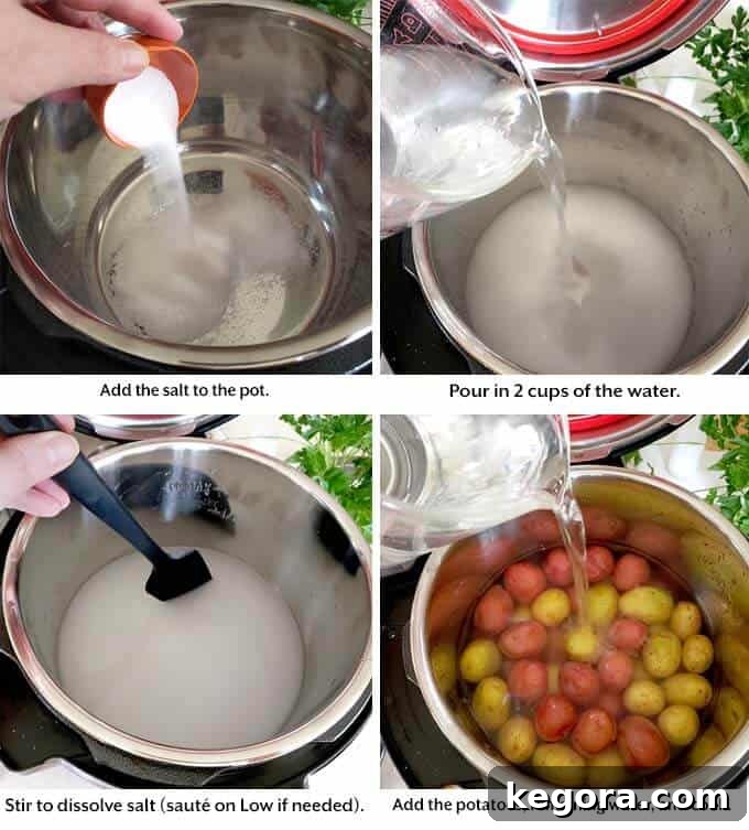 Effortless Instant Pot Syracuse Salt Potatoes 4 Four images showing the addition of salt, water, and potatoes to make the salt potatoes