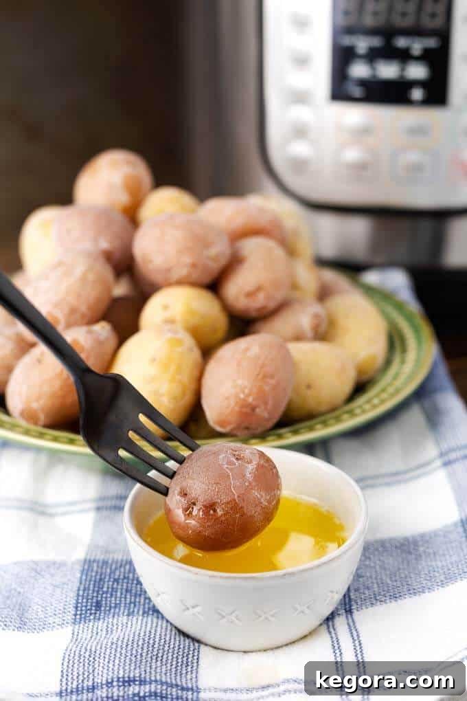 Effortless Instant Pot Syracuse Salt Potatoes 6 Fork dipping a Syracuse Salt Potato in a small bowl of butter in front of a green plate of several potatoes and a pressure cooker