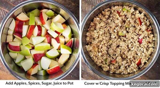 Two sequential images illustrating the preparation of Instant Pot Apple Crisp: the first shows chopped apples ready in the pressure cooker, and the second shows them covered with the crisp topping mixture.