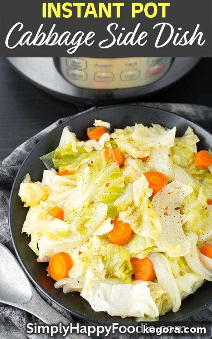 Pinterest pin image for Instant Pot Cabbage Side Dish, featuring the dish in a black bowl in front of a pressure cooker, with recipe title and Simply Happy Foodie.com logo.