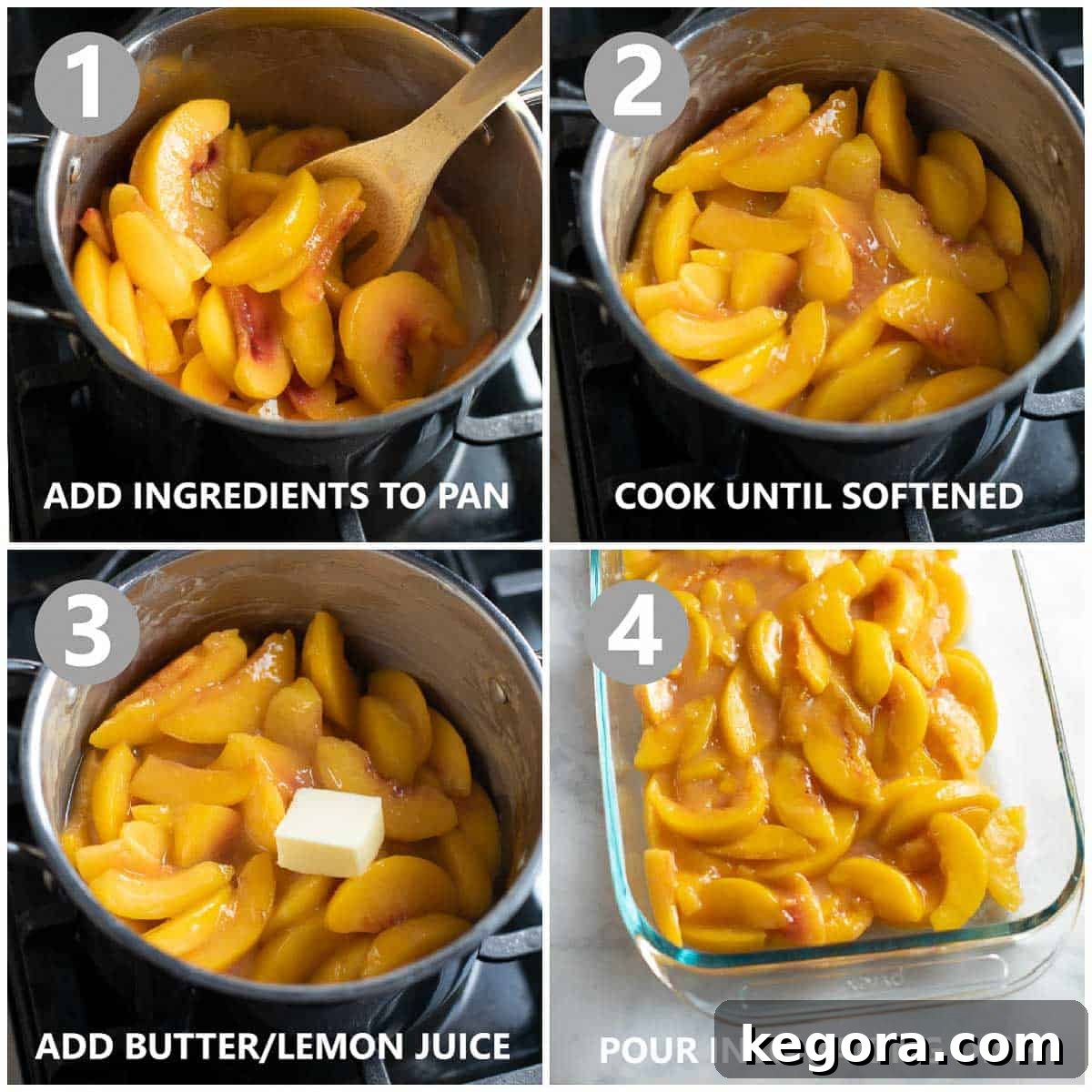 Step-by-step images showing how to cook peaches for cobbler filling in a saucepan and then transfer to a baking dish.