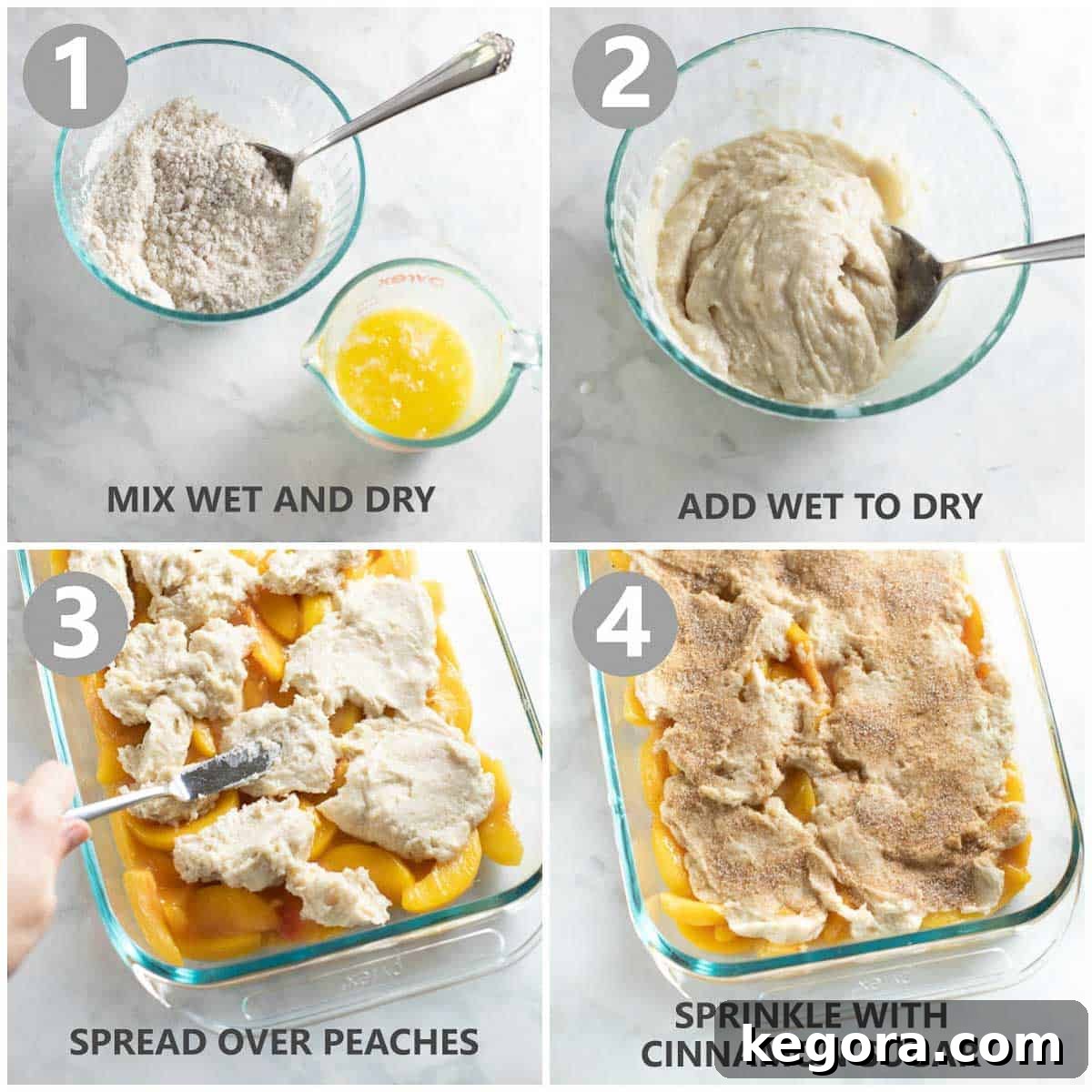 Step-by-step images showing how to mix gluten-free cobbler topping ingredients and spread them over the peach filling in a baking dish.