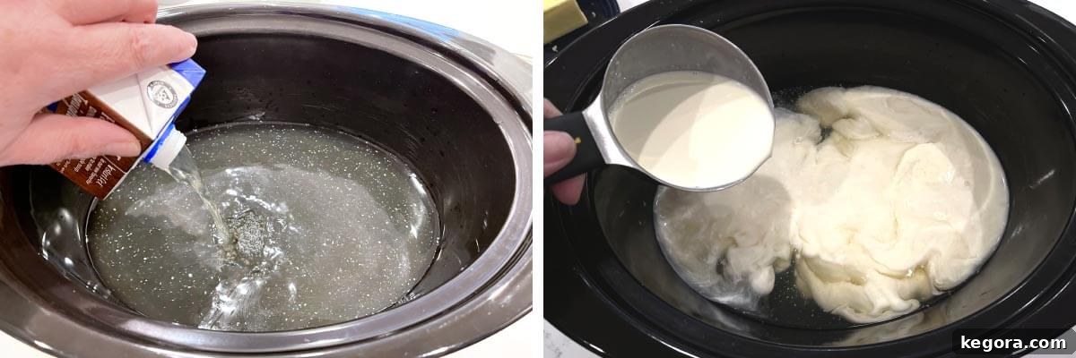 Effortless Slow Cooker Cheesy Grits 5 Adding broth to the crock pot, followed by heavy cream.