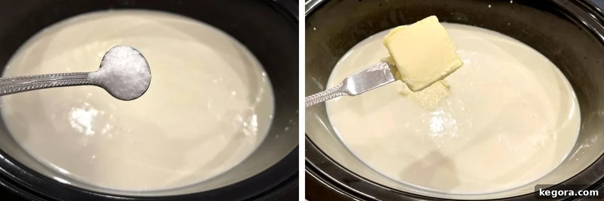 Effortless Slow Cooker Cheesy Grits 6 Adding salt to the crock pot, then adding butter.
