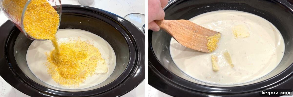 Effortless Slow Cooker Cheesy Grits 7 Pouring grits into the crock pot, then stirring the mixture thoroughly.