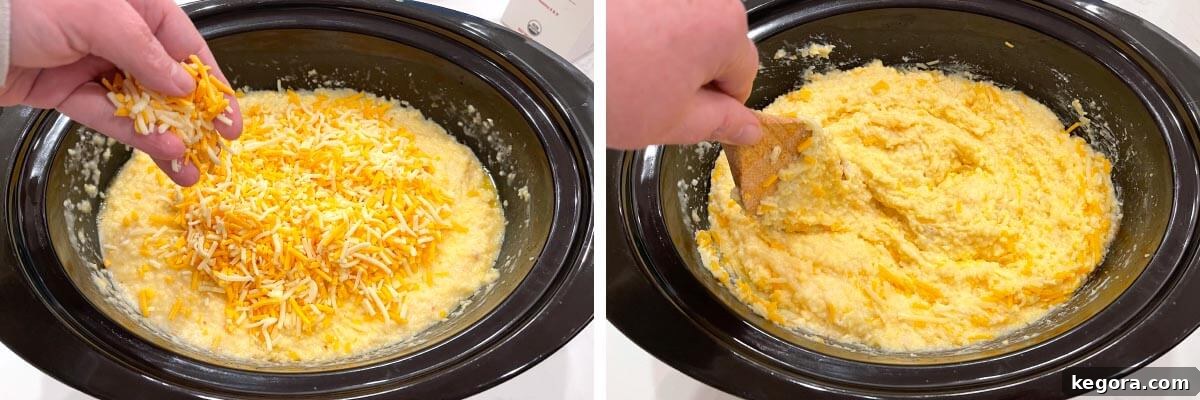 Effortless Slow Cooker Cheesy Grits 9 Adding shredded cheese to the grits in the crock pot, then stirring it in until melted.