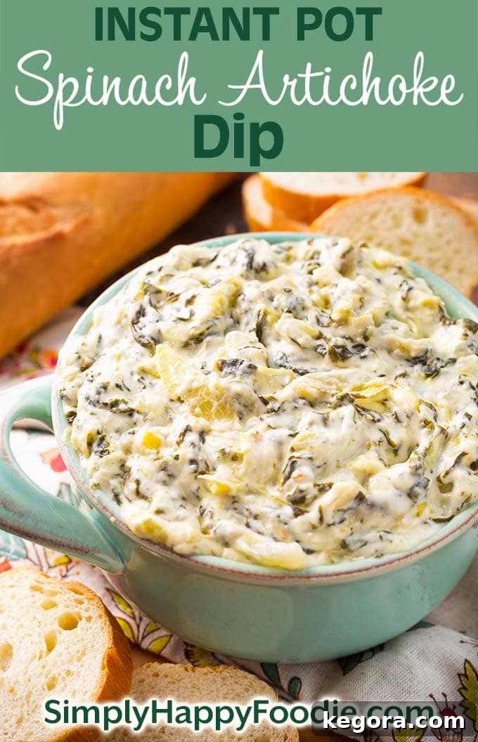 Instant Pot Spinach Artichoke Dip in a turquoise bowl with title and Simply Happy Foodie.com logo for Pinterest sharing