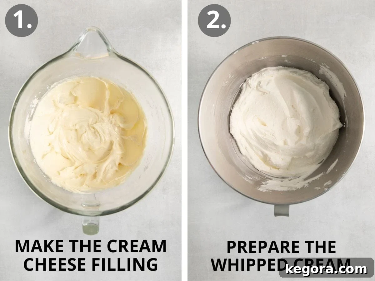 Luscious Gluten-Free Strawberry Cream Cheese Trifle 6 The initial steps of preparing the trifle, showing the rich cream cheese filling in one bowl and freshly whipped cream in another, both ready for layering.