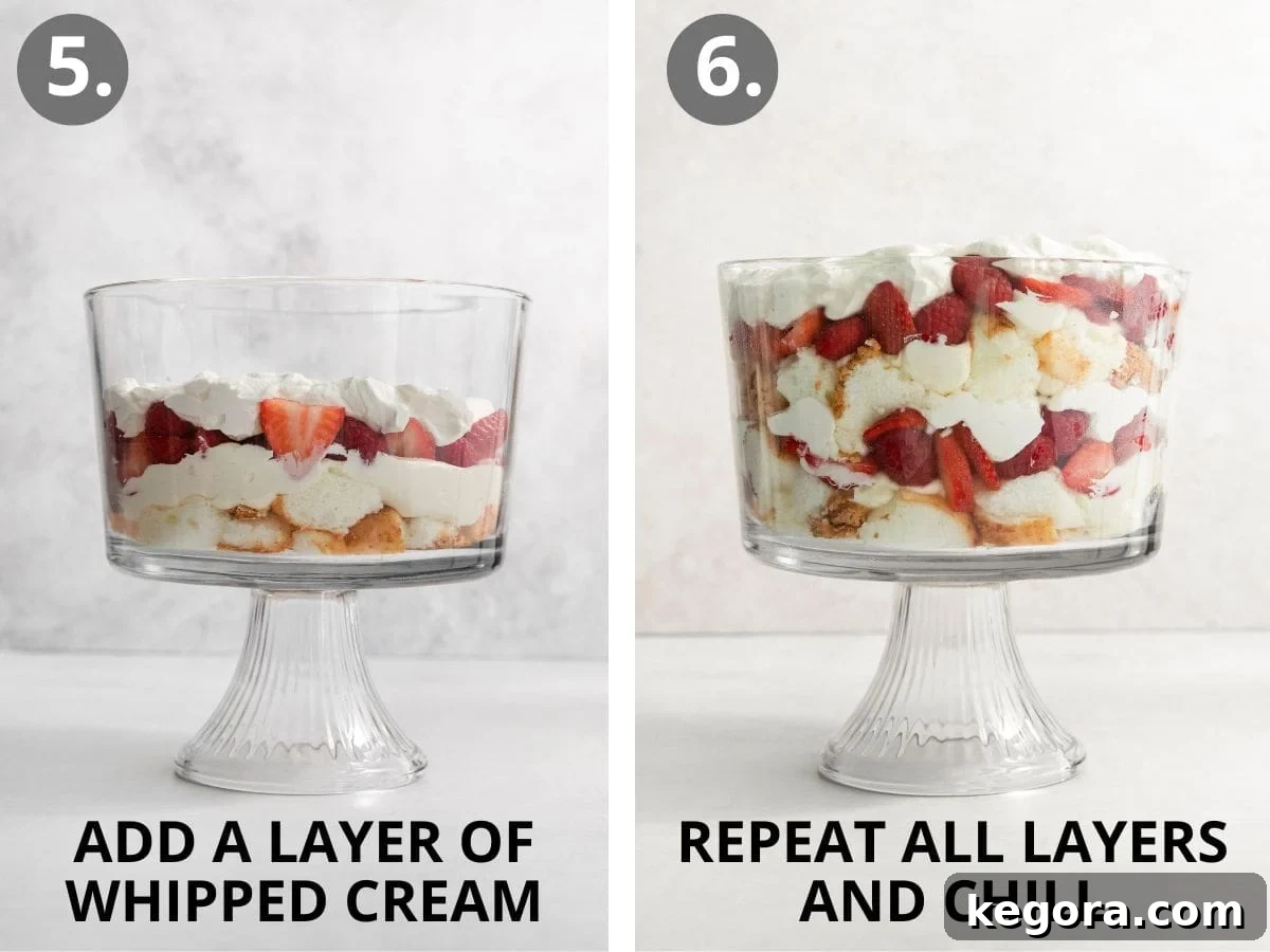 Luscious Gluten-Free Strawberry Cream Cheese Trifle 8 The final layering steps of a gluten-free trifle: a layer of fluffy whipped cream on top of the berries, followed by a repetition of all layers, topped with more whipped cream and fresh raspberry garnish.