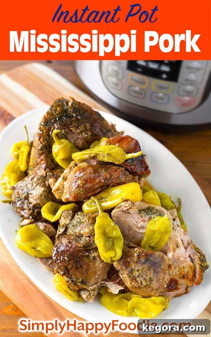 Instant Pot Mississippi Pork on white platter with title and Simply Happy Foodie.com logo, ready for pinning