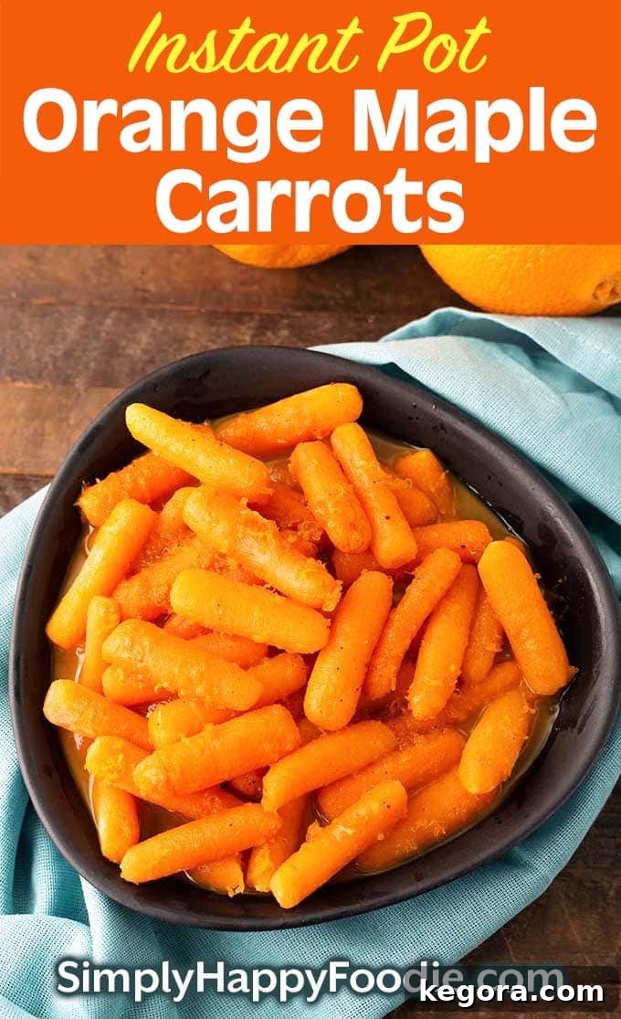 Large Pinterest-friendly image featuring Instant Pot Orange Maple Carrots in a black bowl, along with the recipe title and website logo, perfect for sharing and saving.