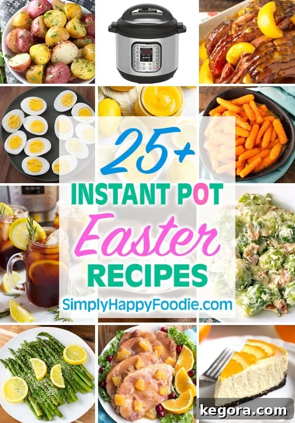 A collage of various delicious Instant Pot Easter recipes, including ham, potatoes, vegetables, and desserts, showcasing a complete holiday meal.