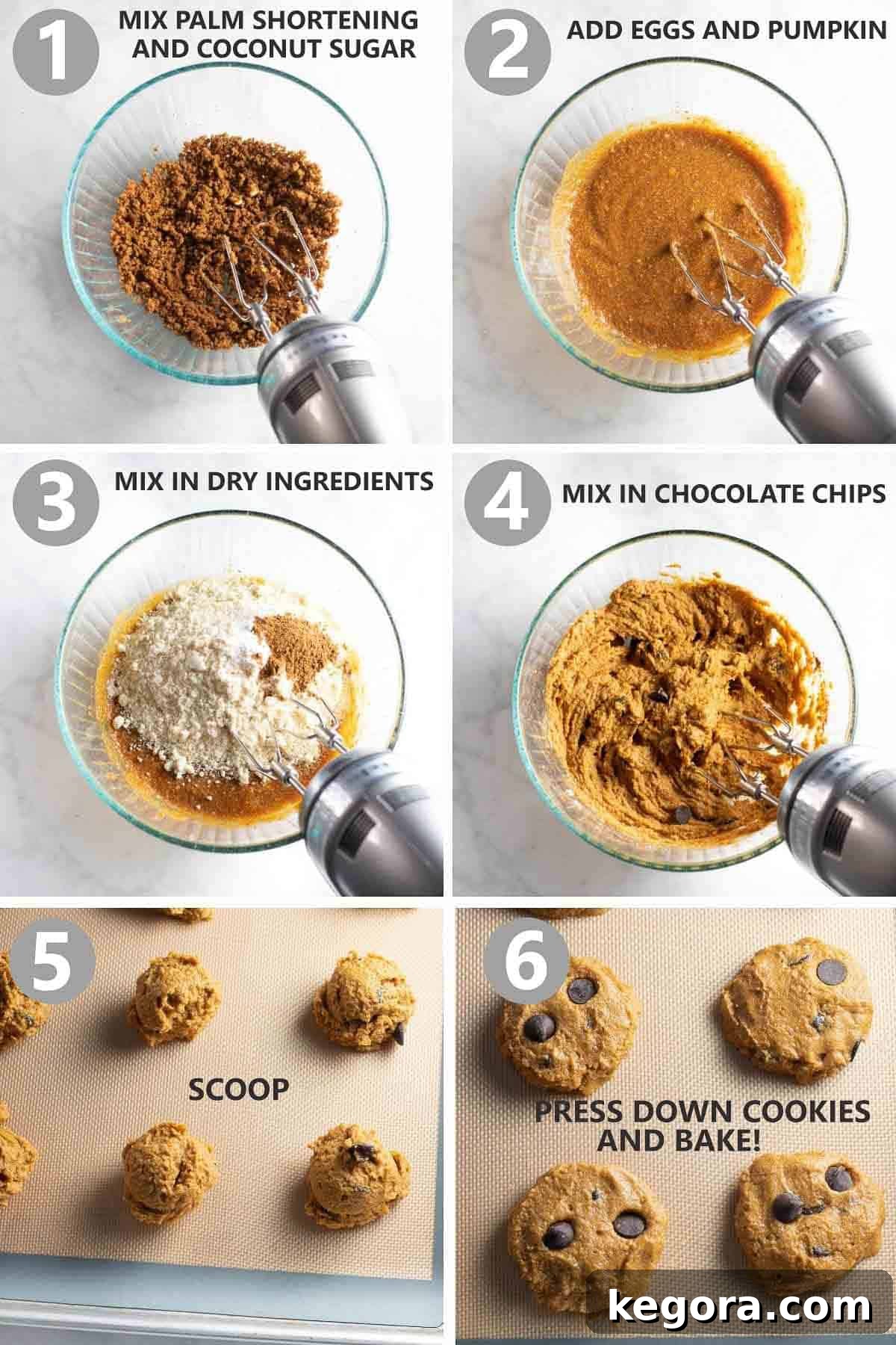 A collage of step-by-step images showing the process of making paleo pumpkin cookies, from mixing ingredients to shaping dough.