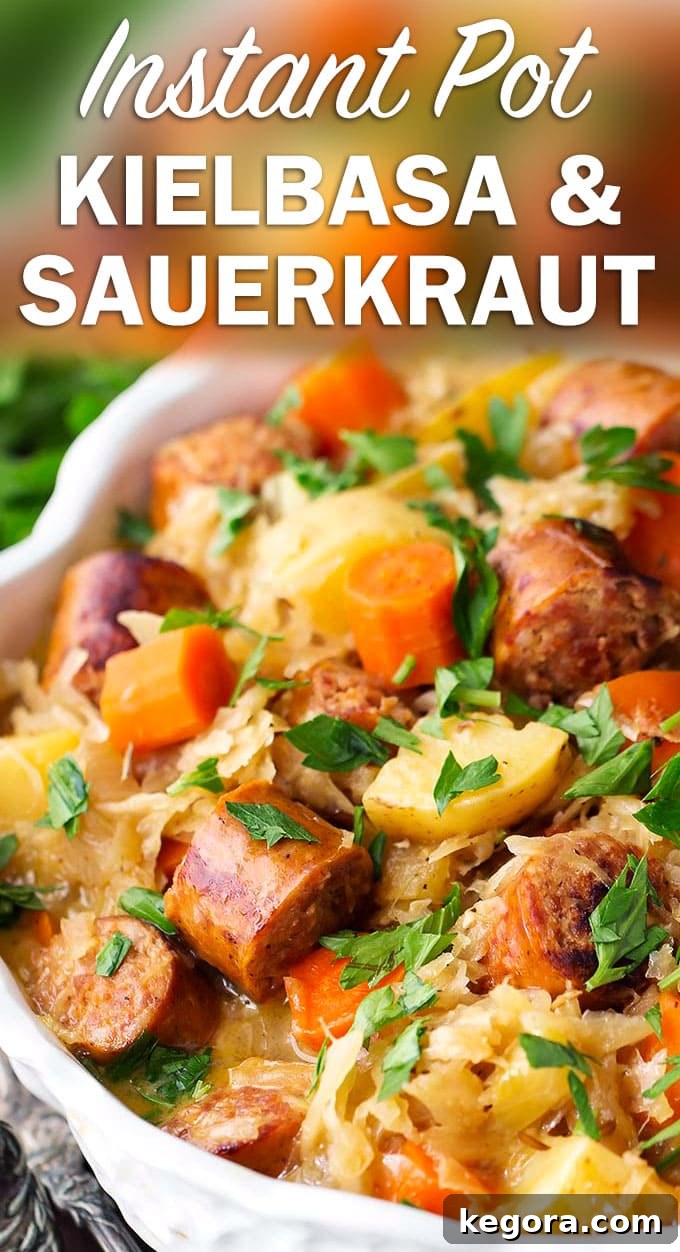 Quick Instant Pot Kielbasa and Sauerkraut 6 Instant Pot Kielbasa and Sauerkraut is a one pot meal with amazing flavor! This pressure cooker sauerkraut and kielbasa recipe is a family favorite! simplyhappyfoodie.com #instantpotsauerkrautkielbasa #instantpotrecipes #instantpotkielbasa #instantpotsauerkraut