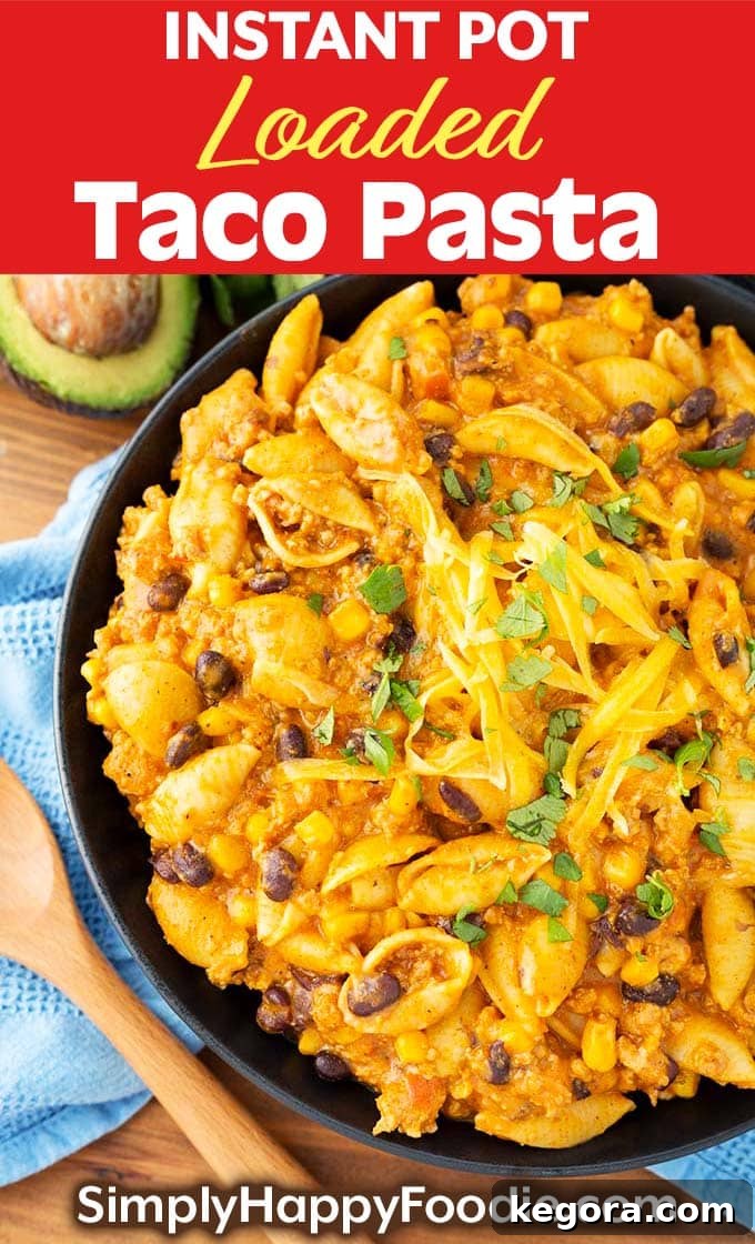 Another angle of Instant Pot Loaded Taco Pasta, highlighting the ingredients like black beans, corn, and cheese