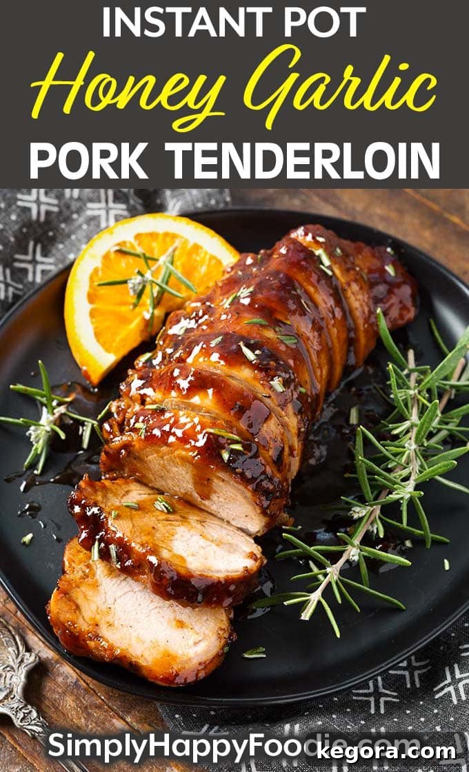 Instant Pot Honey Garlic Pork Tenderloin on black plate with title and Simply Happy Foodie.com logo - Pinterest optimized image
