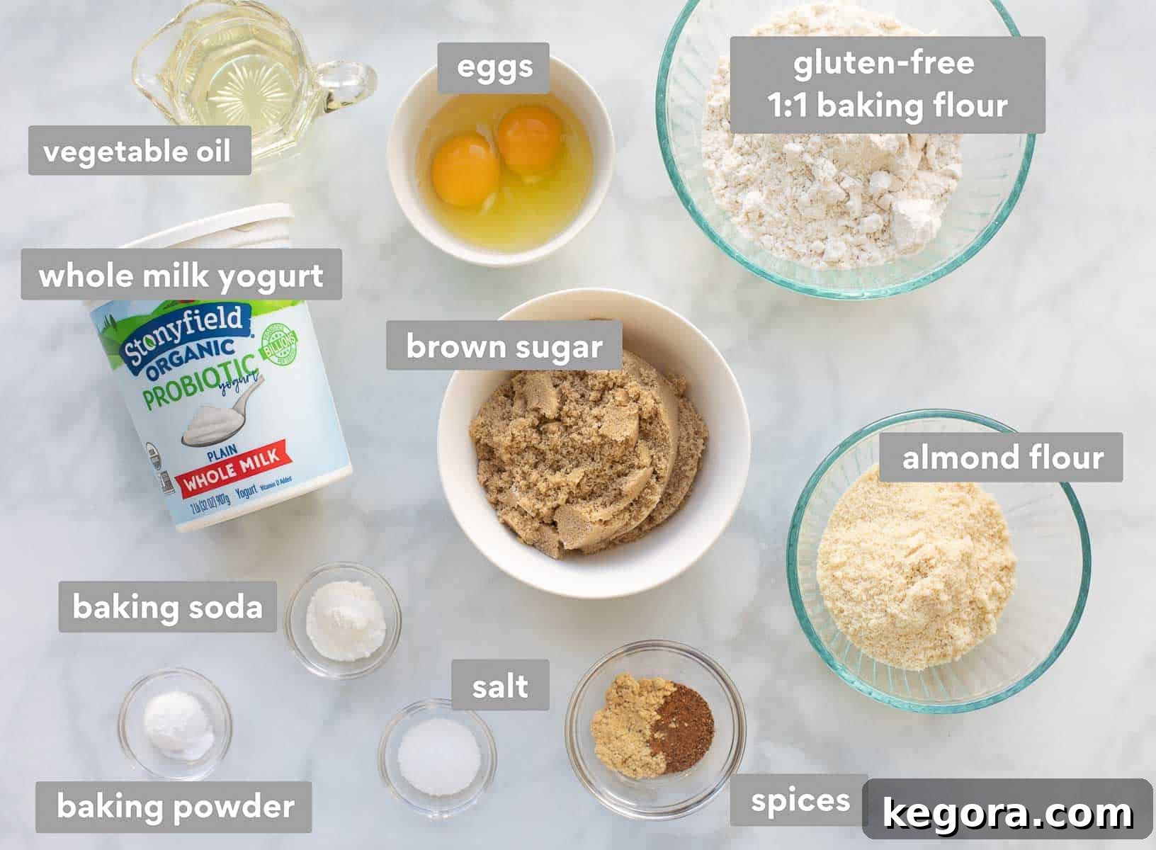 Various batter ingredients, including flour, sugar, eggs, and yogurt, neatly laid out on a kitchen counter.