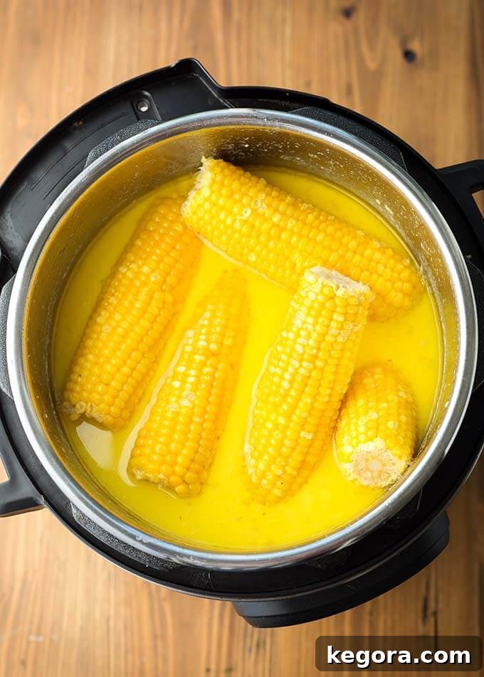 Luscious Instant Pot Milk and Honey Corn on the Cob 3 Milk and Honey Corn on the Cob submerged in a rich, creamy liquid within a pressure cooker, showcasing the vibrant kernels.
