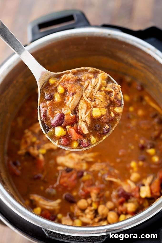 Fiesta-Ready Instant Pot Chicken Taco Soup 3 Closeup shot of a ladle filled with savory Instant Pot Chicken Taco Soup, held over the open pressure cooker pot, steam gently rising.