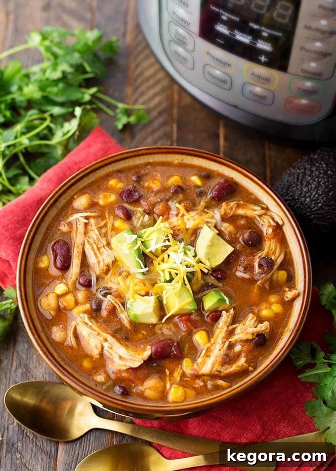 Fiesta-Ready Instant Pot Chicken Taco Soup 4 A second view of a steaming bowl of Instant Pot Chicken Taco Soup, garnished with vibrant cilantro, set against a cozy red background.