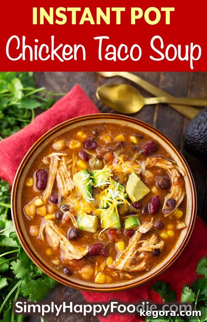 Fiesta-Ready Instant Pot Chicken Taco Soup 7 Instant Pot Chicken Taco Soup in a brown bowl with title and Simply Happy Foodie.com logo