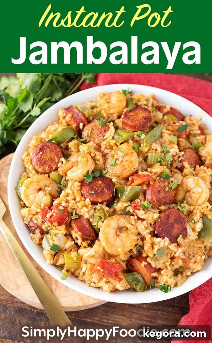 Instant Pot Jambalaya in a white bowl with title and Simply Happy Foodie.com logo, perfect for Pinterest