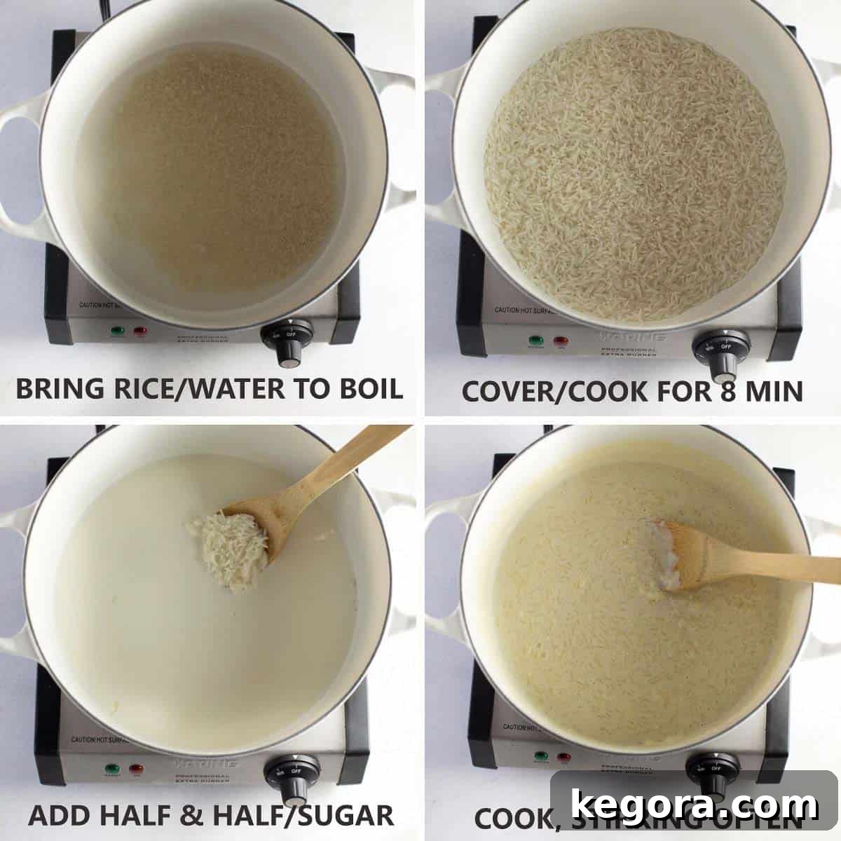 Spiced Pumpkin Rice Pudding 5 A step-by-step visual guide showing the first four stages of cooking pumpkin rice pudding, from boiling rice to adding dairy.