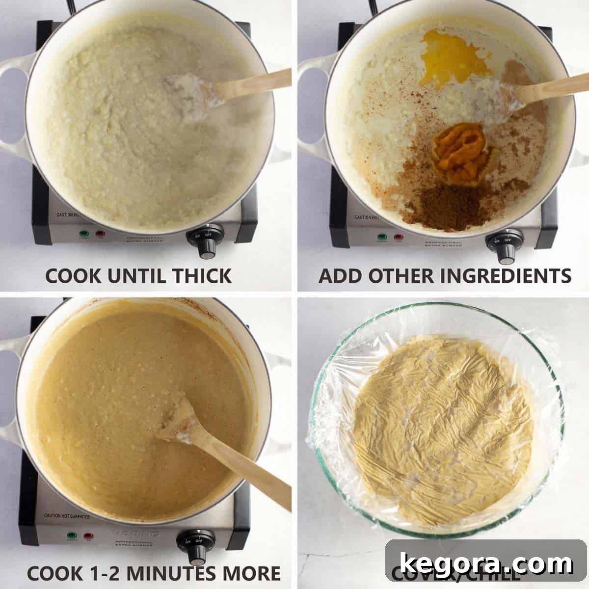 Spiced Pumpkin Rice Pudding 6 A step-by-step visual guide showing the final four stages of preparing pumpkin rice pudding, from adding spices to chilling.