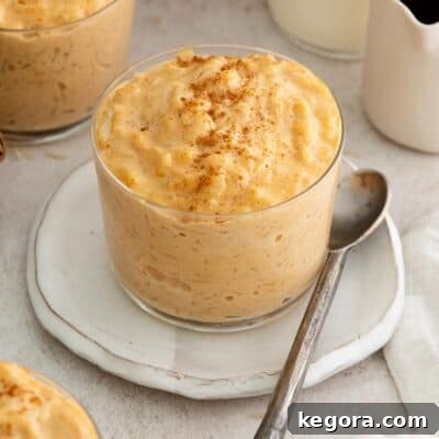 A beautifully presented glass bowl of pumpkin rice pudding, resting on a white plate with a spoon, ready to be enjoyed.