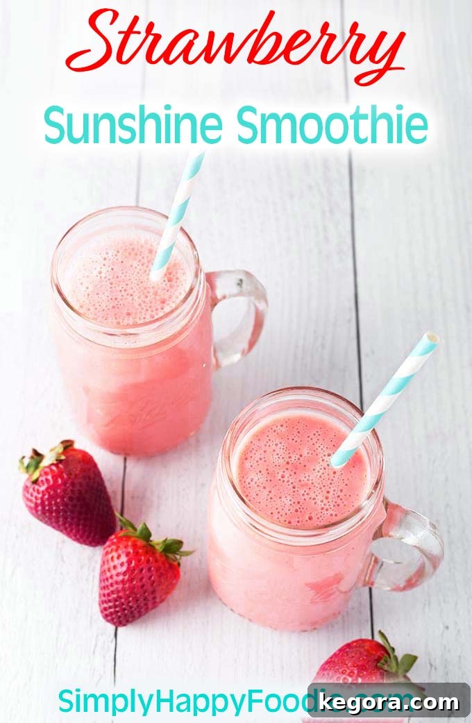 A beautifully styled image of two Strawberry Sunshine Smoothies with the title and Simply Happy Foodie.com logo, optimized for Pinterest sharing.