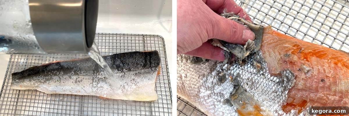 Artisan Salmon Chowder 5 A step-by-step image showing boiling water being poured over salmon skin, followed by fingers peeling off the loosened skin.