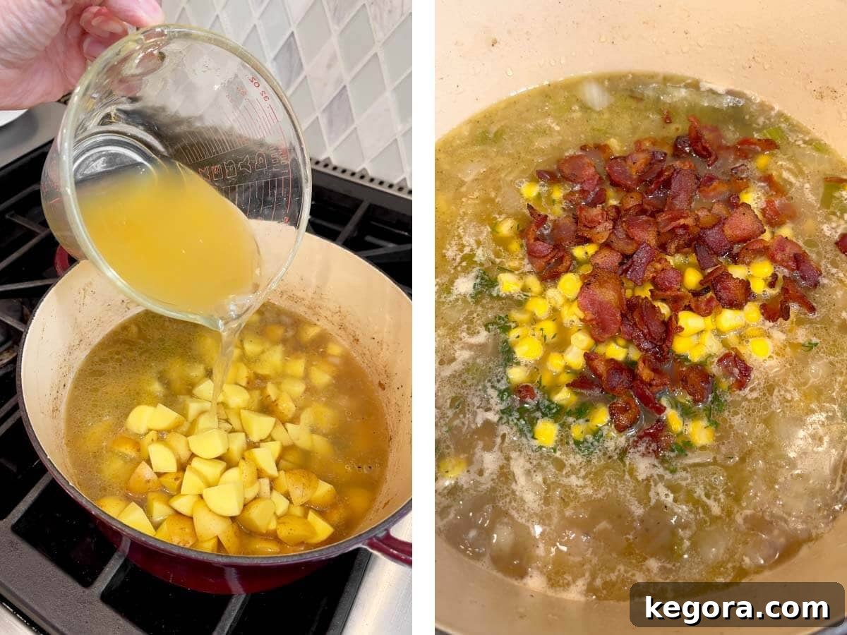 Artisan Salmon Chowder 8 Diced potatoes and chicken broth added to the pot, followed by fresh dill, corn, and cooked bacon.