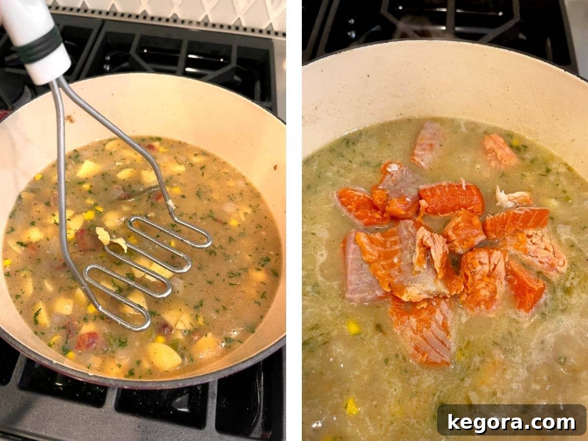 Artisan Salmon Chowder 9 A potato masher hovering over the chowder, followed by raw salmon chunks being gently added to the pot.