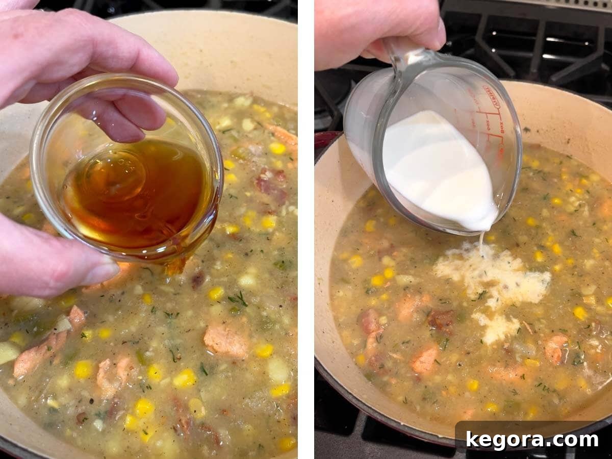 Artisan Salmon Chowder 10 Cooking sherry being poured into the chowder, followed by heavy cream being stirred in.