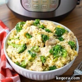Chicken Broccoli Rice Casserole in a white bowl in front of a pressure cooker