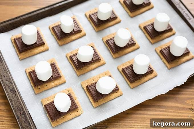 Toasty Oven S'mores 3 Uncooked Indoor Oven s'mores on baking sheet, ready for the oven