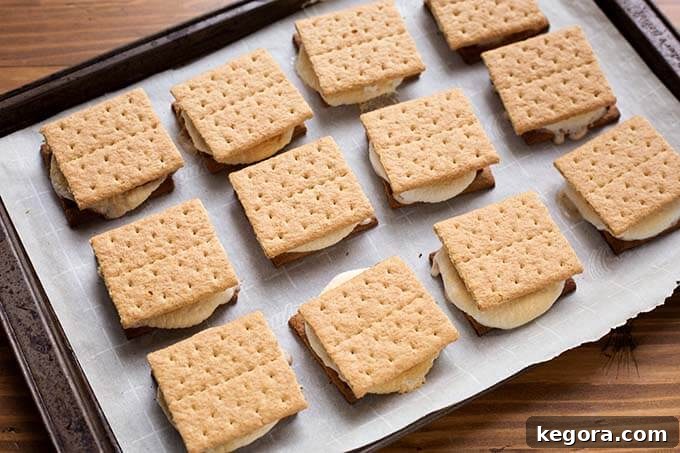 Toasty Oven S'mores 4 Cooked Indoor Oven Smores on baking sheet, golden brown and perfectly melted