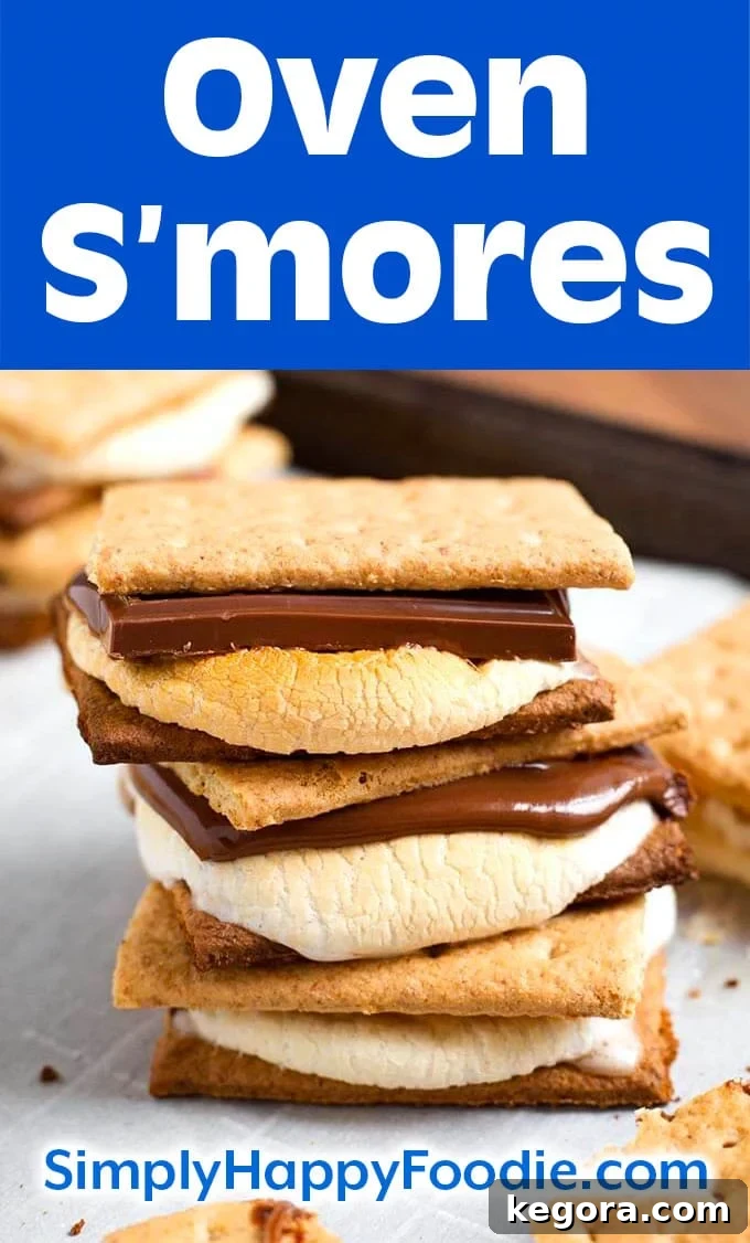 Toasty Oven S'mores 6 Indoor Oven Smores with title and Simply Happy Foodie.com logo pin, perfect for Pinterest