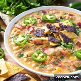 Popper Power Chili 6 Jalapeño Popper Chicken Chili in a white bowl