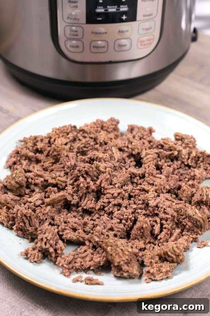 No Thaw Instant Pot Ground Beef 4 Cooked Ground Beef on gray plate in front of pressure cooker
