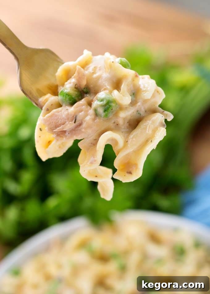Close up of forkful of Tuna Casserole