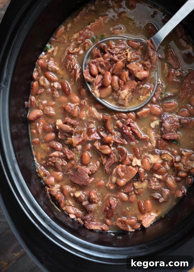 Pinto Beans and Ham in slow cooker with ladle, showcasing the rich texture