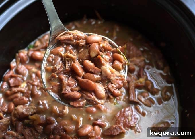 Close-up of Slow Cooker Pinto Beans and Ham, ready to be served