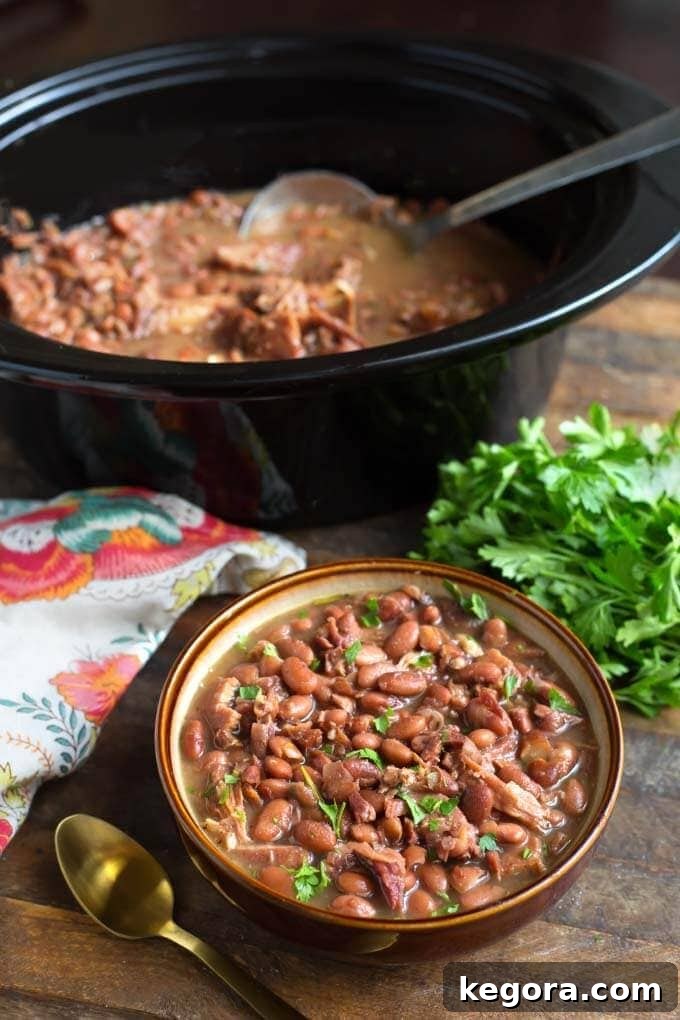 Serving of Slow Cooker Pinto Beans and Ham in a rustic bowl with a brown rim