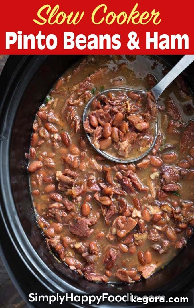 Slow Cooker Pinto Beans and Ham recipe title with Simply Happy Foodie.com logo for Pinterest