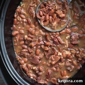 Pinto Beans and Ham in a slow cooker with ladle